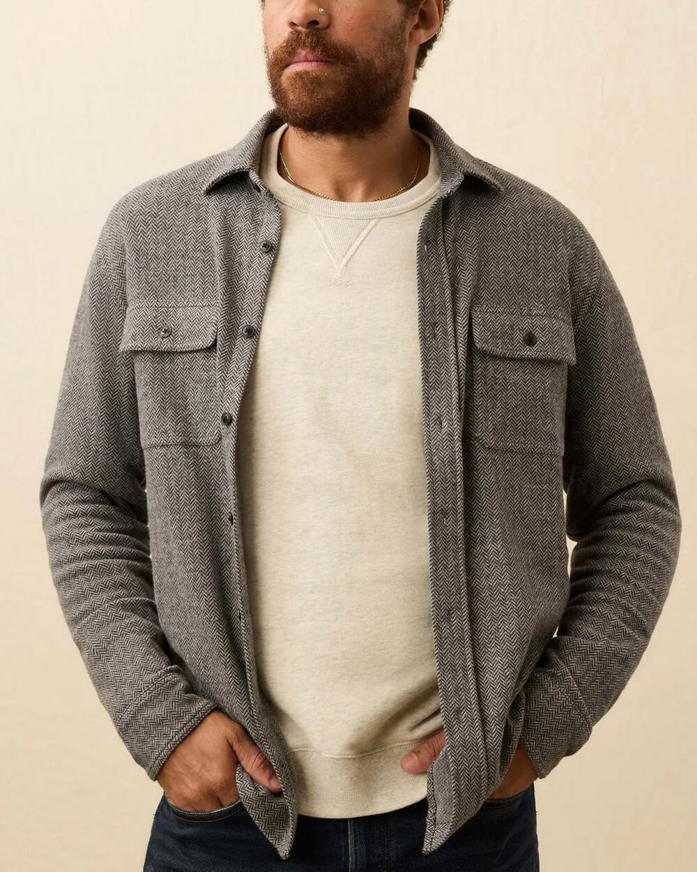 Faherty Legend Alpine Grey Herringbone Print Sweater Shirt Small NEW Pocket LS